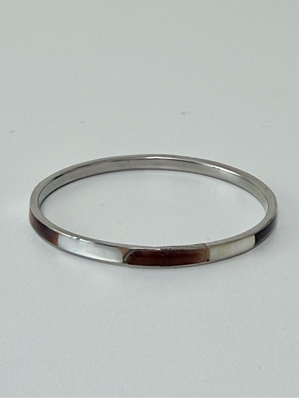 Vintage Silver Mother of Pearl & Brown Shell Inlay Bangle Bracelet 7.5"
